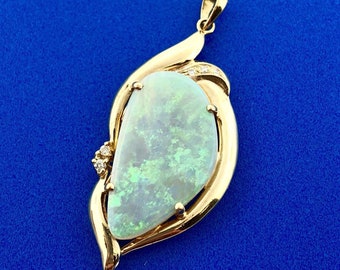 Large Australian Black Opal Pendant Solid 14k Yellow Gold with Diamond Accents