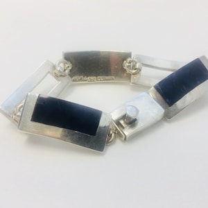 Vintage Taxco Mexico Sterling Silver 925 Lapis Lazuli Modernist Panel Bracelet