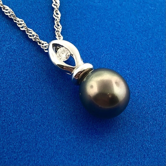 14k White Gold Tahitian Pearl Pendant Necklace wi… - image 4