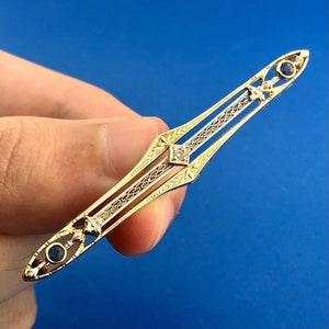Victorian 14k Yellow & White Gold Diamond Sapphire Filigree Bar Pin Brooch