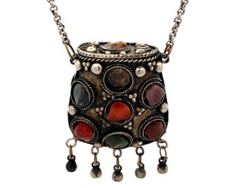 Vintage Sajai Metal Mixed Gemstone Silver Tone Prayer Box