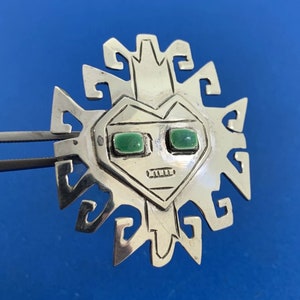 Native Peruvian Inca Green Enamel 925 Sterling Silver Pin Brooch