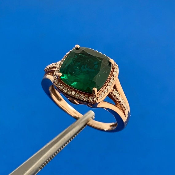 14K Rose Gold Princess Cut Emerald Pave Diamond H… - image 2