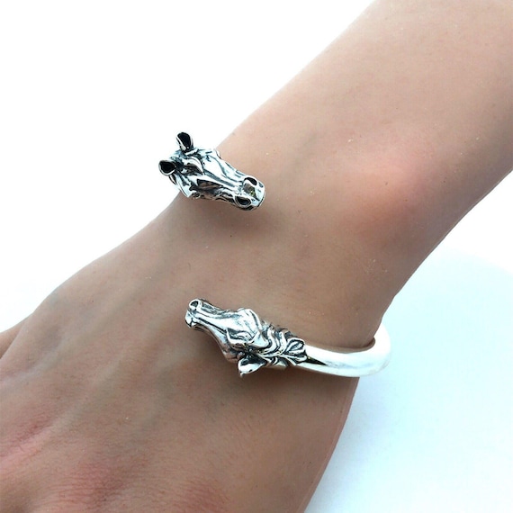 Designer 925 Sterling Silver Horse Head Equine Bypass Open Cuff