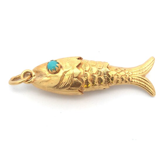 Retro 18K Yellow Gold Turquoise Articulated Fish … - image 2