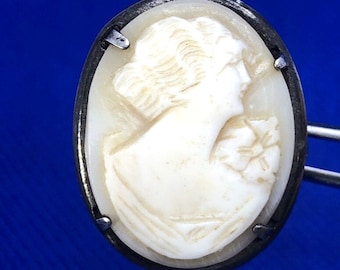 Vintage 925 Sterling Silver Carved Cameo Woman Flower Oval Brooch