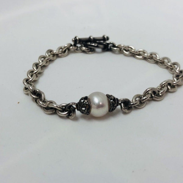 Designer Anatoli Sterling Silver 925 Pearl Chain Link Toggle Bracelet