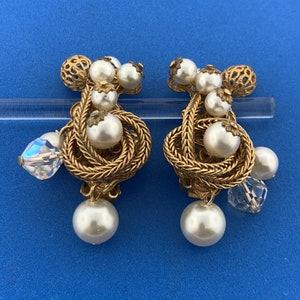 Vintage Gold Tone Faux Pearl Crystal Bead Knotted Rope Statement Clip Earrings