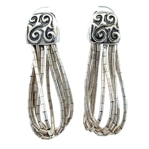 Sterling Silver Swirl Multi-strand Beaded Loop Dangle Liquid Silver Earrings