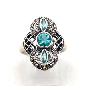 Vintage 925 Sterling Silver Blue Cubic Zirconia Marcasite Lattice Detailed Ring