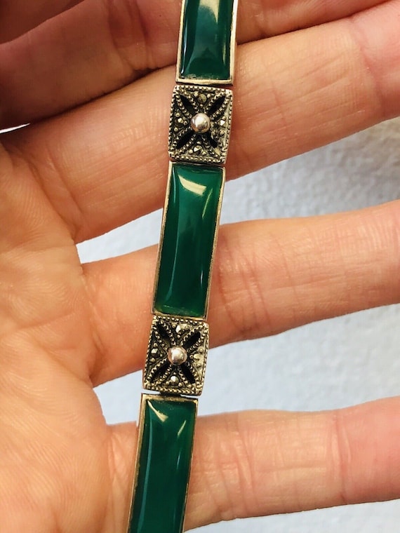 Art Deco Sterling Silver 925 Green Resin Marcasit… - image 5