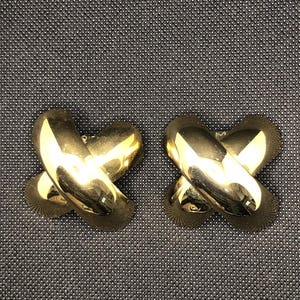 Mid Century Norma Jean Gold Tone Modernist X Polished Statement Clip On Earrings