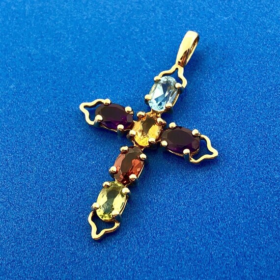 Vintage 10K Yellow Gold Multi Gemstone Cross Pend… - image 2