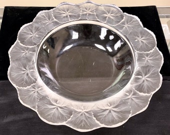 Mid Century France Lalique Honfleurs Geranium Clear Frosted Crystal Leaf Bowl