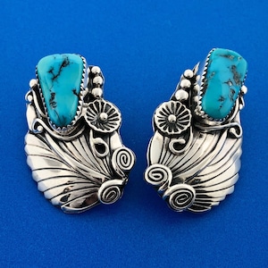 Vintage Old Pawn 925 Sterling Silver Turquoise Squash Blossom Clip On Earrings
