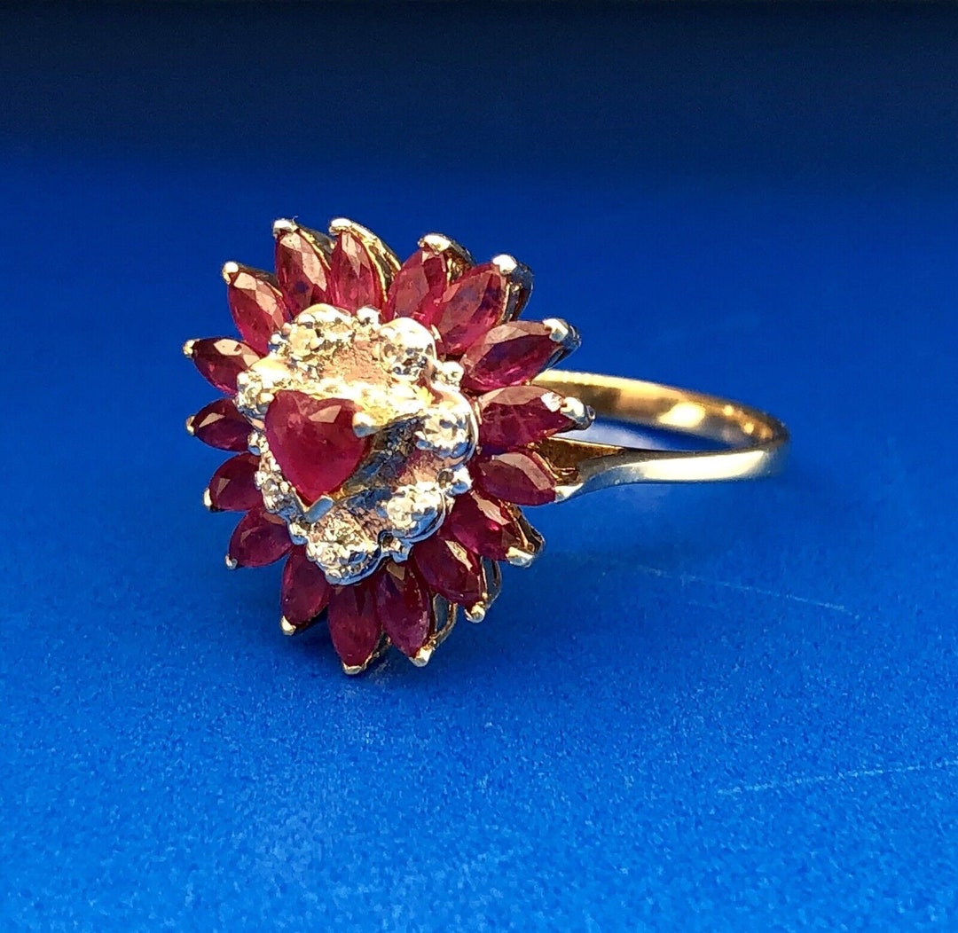 Vintage 14K Yellow White Gold Ruby Diamond Heart Cluster July ...