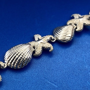 Designer Sterling Silver 925 Sea Shell Star Fish Ocean Panel Link Bracelet