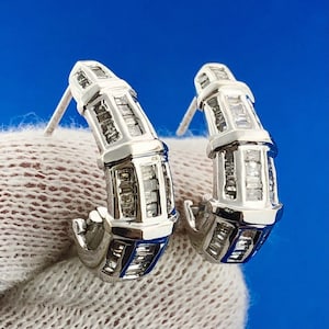 Stunning 14K White Gold Diamond J Hoop Omega Back Wedding Occasion Earrings