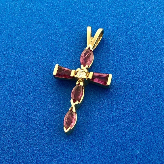 Vintage 14K Yellow Gold Ruby Diamond Cross Religi… - image 3