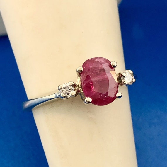 Vintage 14K White Gold Oval Ruby Solitaire Diamon… - image 2