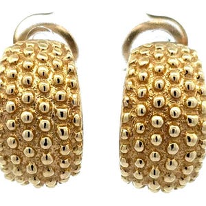 Vintage Designer 14k Yellow Gold Beaded Textured Omega Back Half Hoop Earrings