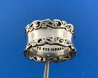 Designer PZ Israel 925 Sterling Silver Floral Scroll Wide Cigar Band Ring