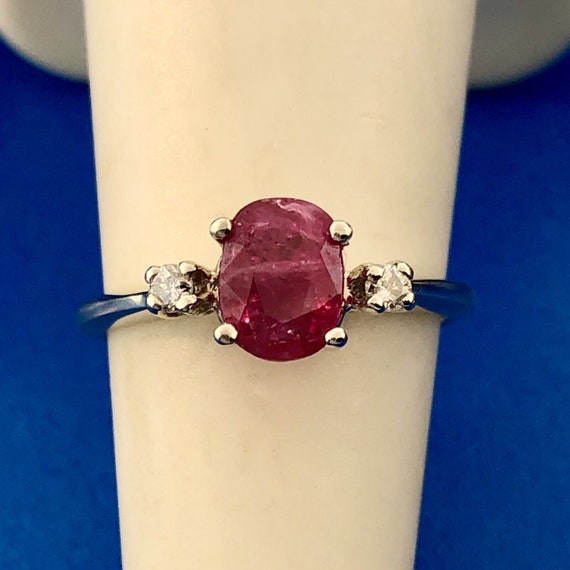 Vintage 14K White Gold Oval Ruby Solitaire Diamon… - image 3