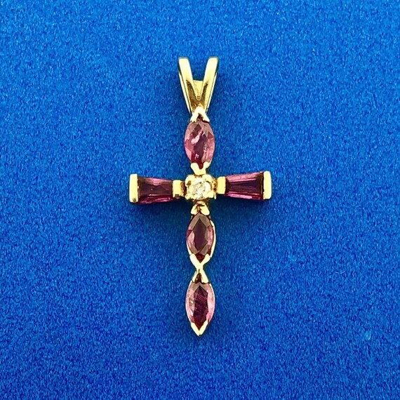 Vintage 14K Yellow Gold Ruby Diamond Cross Religi… - image 2