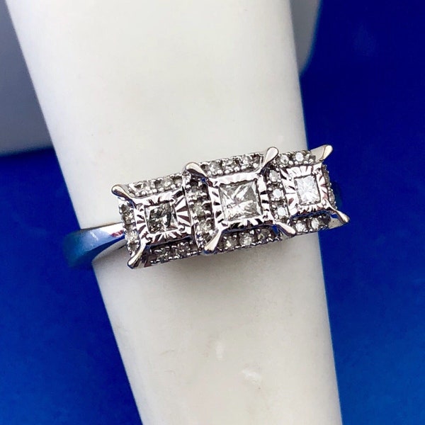 ZEI 10K White Gold Princess Cut Trio Halo Accents Diamond Engagement Bridal Ring