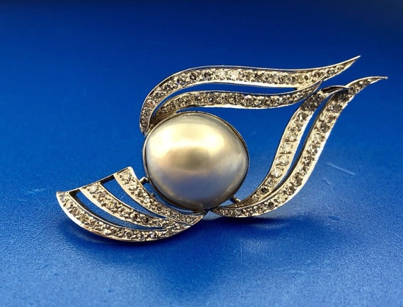 Art Deco 18K White Gold Diamond Gray Mabe Pearl D… - image 10