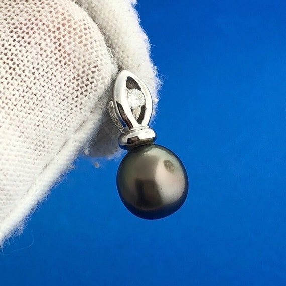 14k White Gold Tahitian Pearl Pendant Necklace wi… - image 3