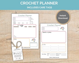 Afdrukbare gehaakte planner, digitale haakplanner, gehaakte onderhoudskaarten, gehaakte tags, digitale download