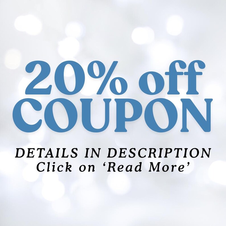 Op de afbeelding: Een afbeelding met de blauwe tekst 20% off COUPON gecentreerd op een witte achtergrond met zachte bokeh-lichteffecten. Daaronder staat in kleinere zwarte letters DETAILS IN DESCRIPTION en Click on 'Read More' voor meer informatie.