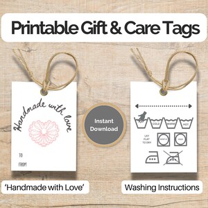 Etiquetas para itens artesanais com instruções de cuidado, etiquetas de crochê imprimíveis feitas à mão com amor, cartões de cuidados com crochê, etiquetas artesanais para tricô