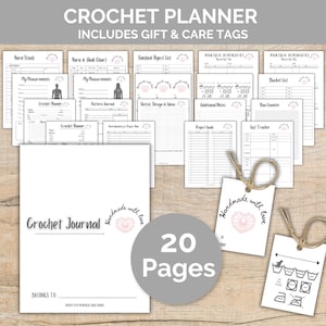 May include: A white crochet planner with 20 pages, includes gift and care tags. The planner features pages for measurements, project goals, and a crochet journal. The text "Crochet Planner" and "Crochet Journal" are visible.