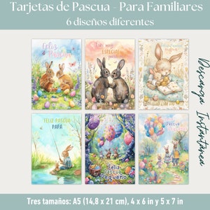 Paaskaarten voor familie | In het Spaans | Pakket met 6 unieke aquarelontwerpen, ideaal om naar uw dierbaren te sturen