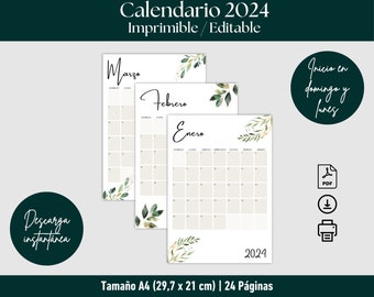 Calendario 2024 Aesthetic en Español | Planificador Mensual | PDF | Descargable, imprimible, editable | Tamaño A4 | Orientación Vertical