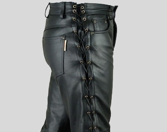 Men's Black Lambskin Leather Side Laces Motorcycle Pant, Men's Black Leather Slim Fit Biker Pant, Men Leather Pants