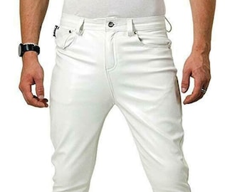 Pantalón motero de cuero auténtico blanco para hombre, Pantalón motero de piel de cordero blanco para hombre, Pantalones de cuero blancos para hombre