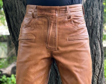 Men's Tan Brown Leather Distressed Biker Pant, Quilted Slim Fit Motorcycle Style