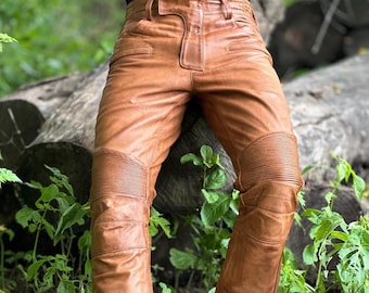 Men&#39;s Brown Genuine Leather Pant, Men&#39;s Brown Distressed Leather Slim Fit Biker Motorcycle Pant, Brown Leather Pants