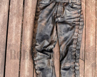 Men&#39;s Brown Distressed Leather Cafe Racer Pant, Men Brown Real Leather Side Laces Pant, Brown Leather Pant, Leather Pant For Men
