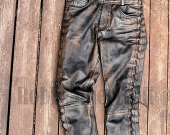 Herren Braun Distressed Leder Cafe Racer Hose, Herren Braun Echtleder Seitliche Schnürsenkel Hose, Braune Lederhose, Lederhose für Herren