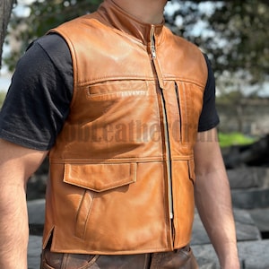 Men Brown Leather Vest, Men Tan Brown Distressed Leather Biker Vest, Real Leather Brown Vest For Men, Motorcycle Vest, Gift For Him