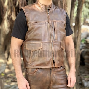 Men Brown Leather Vest, Men Dark Brown Distressed Leather Biker Vest, Real Leather Brown Vest For Men, Motorcycle Vest, Gift For Him