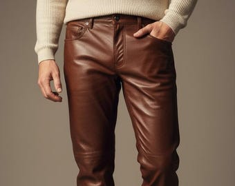 Men's Dark Brown Lambskin Leather Biker Pants, Genuine Leather Slim Fit Motorcycle Pant