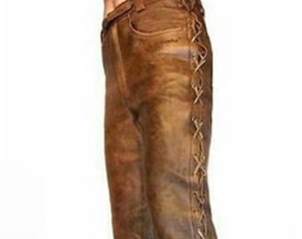 Men&#39;s Tan Brown Distressed Leather Side Laces Cowboy Style Leather Pant, Men Tan Brown Wax Leather Pants, Leather Gift