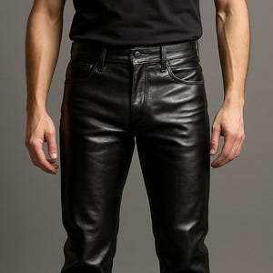 Può includere: Pantaloni in pelle nera con un classico design a cinque tasche. I pantaloni hanno un taglio dritto e una chiusura con bottone e cerniera. La pelle ha una leggera lucentezza e i pantaloni sembrano ben aderenti.