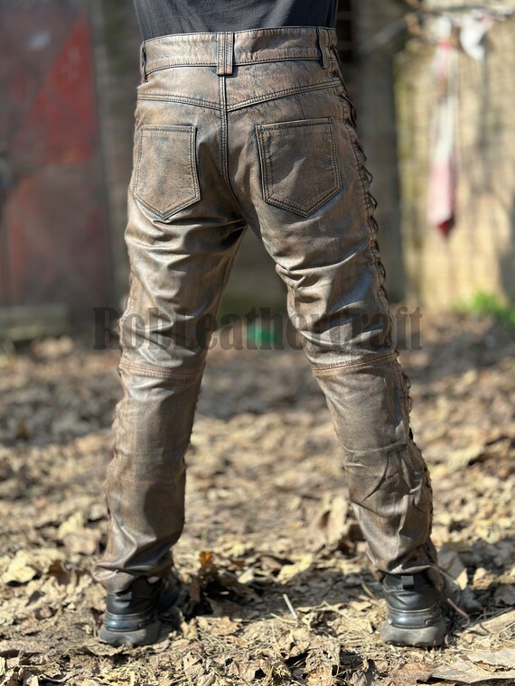 Pantalon de cuero desgastado marron oscuro para hombre hecho a mano pantalon slim fit de cuero encerado marron para hombre pantalon de cuero desgastado marron para hombre regalo de cuero Etsy