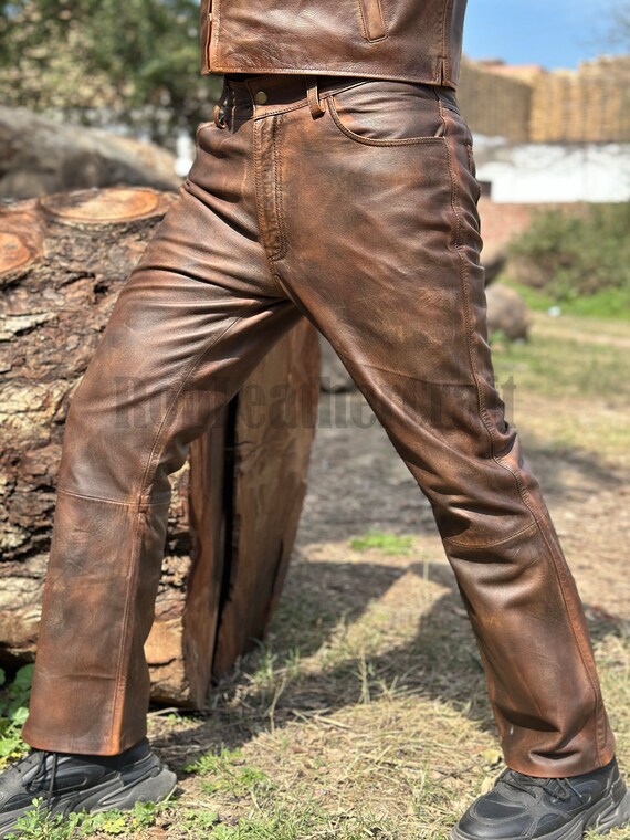 Handmade Men s Brown Distressed Leather Biker Pant Men Brown Wax Leather Slim Fit Motorcycle Pant Men Brown Distressed Leather Pant Etsy